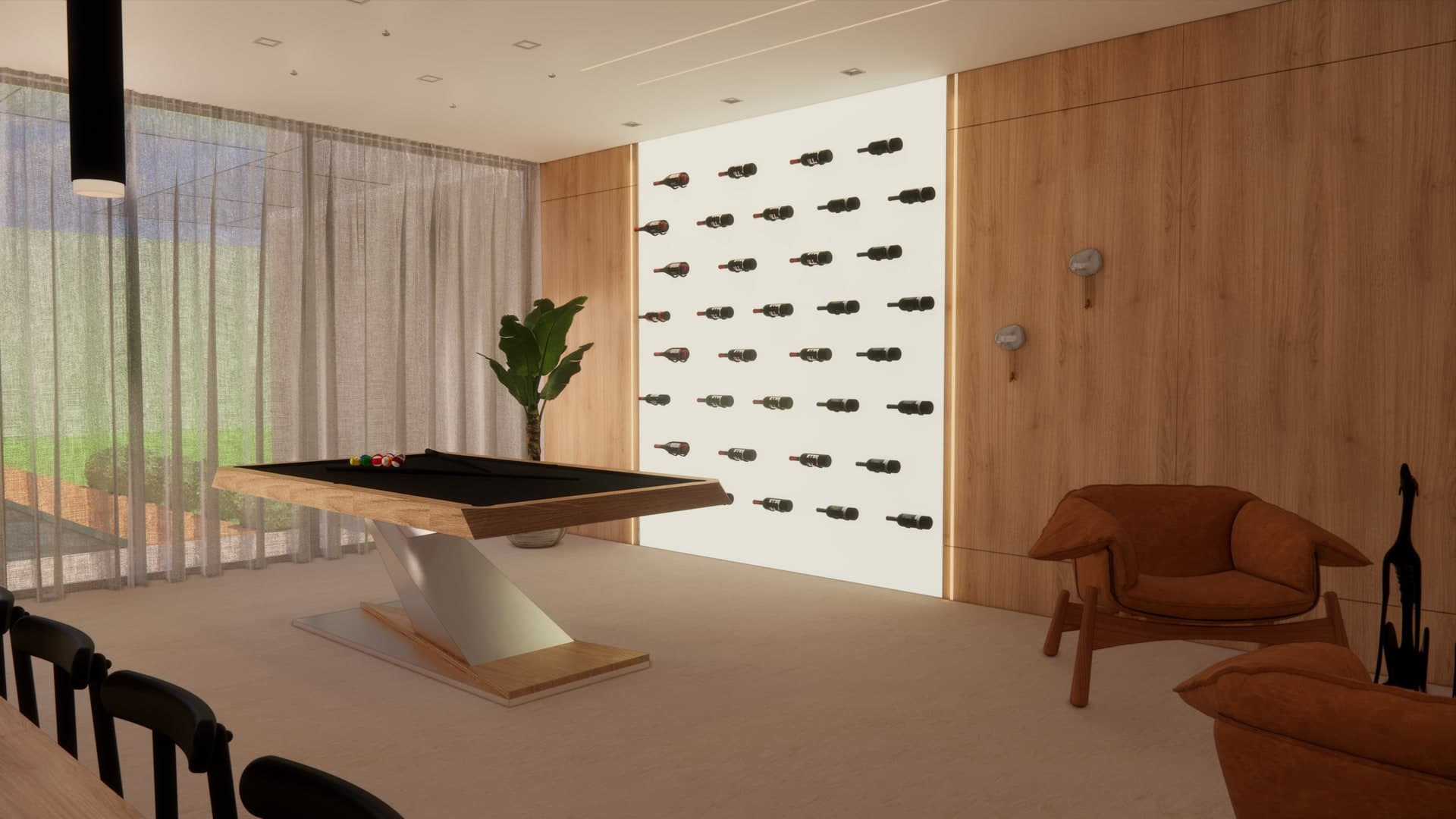 Mesa Bretda em sala-adega com parede de garrafas e sofá camel