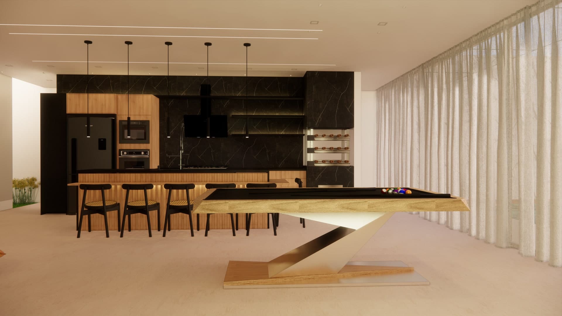 Mesa Bretda em sala integrada com cozinha gourmet de mármore preto e banquetas