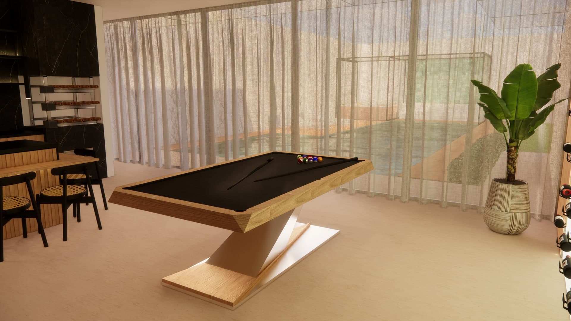 Mesa Bretda em sala com vista para a piscina, cortinas e planta tropical