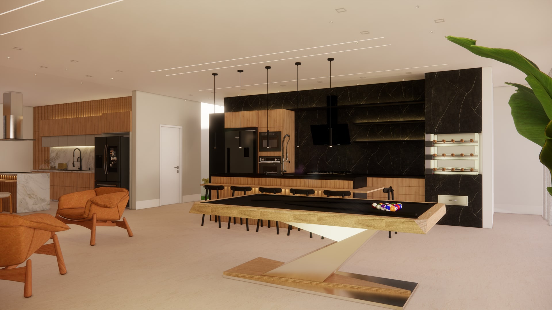 Mesa Bretda em sala-cozinha integrada wide com poltrona camel