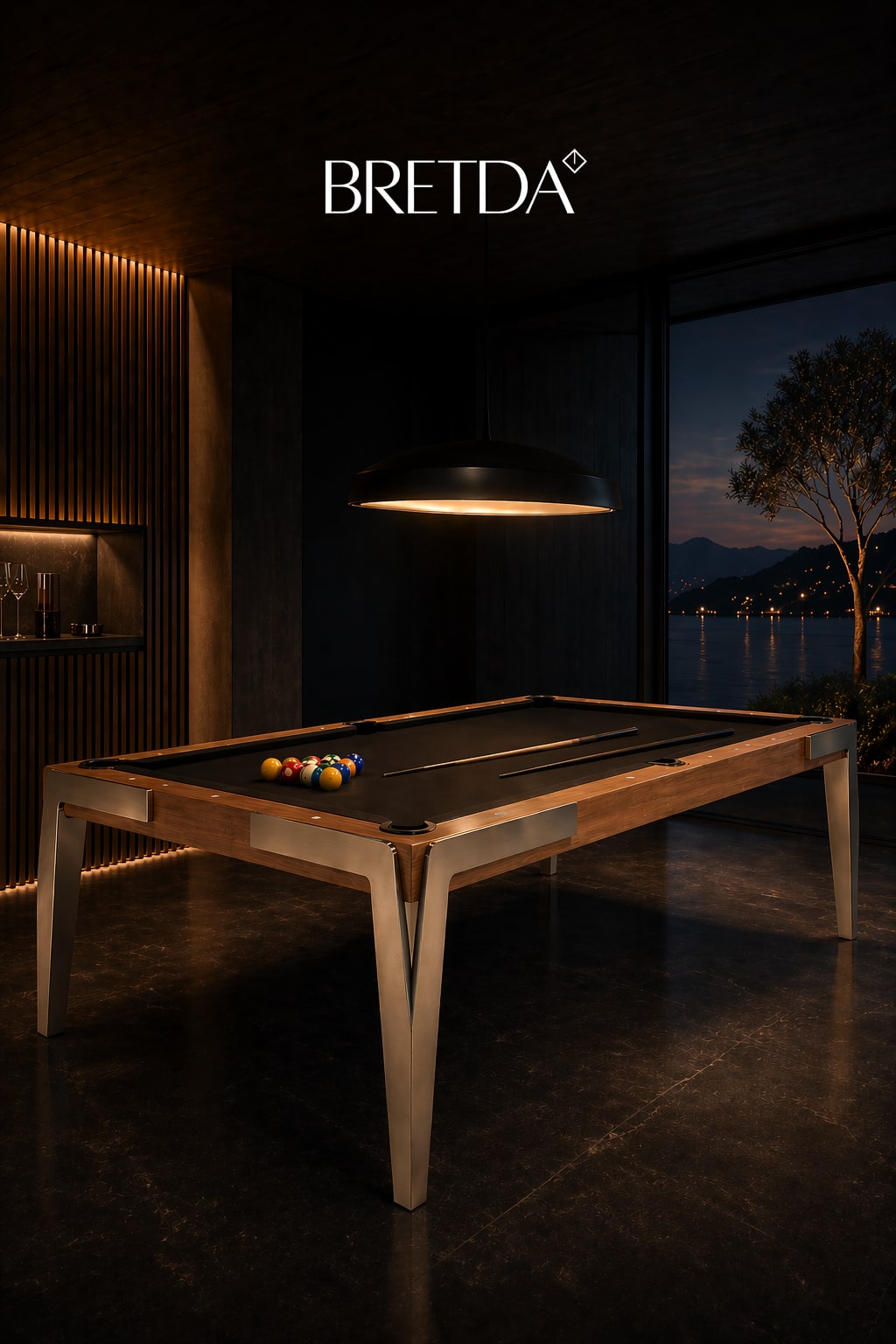 Mesa Bretda em ambiente de luxo com vista para lago e montanhas — ferramenta 3D para arquitetos